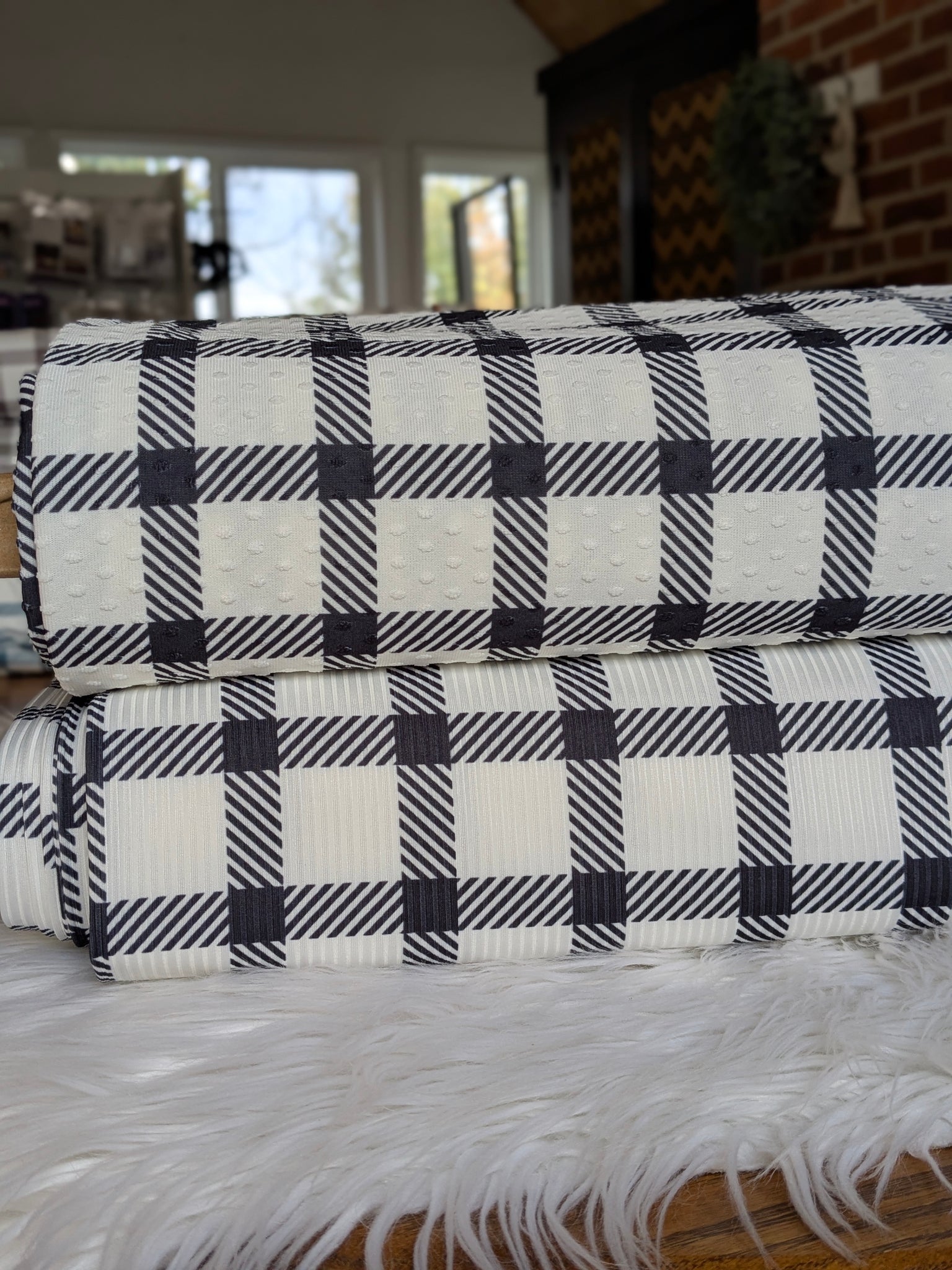 Simple Black Plaid| Unbrushed Rib or Swiss Dot  Knit|By the Half Yard