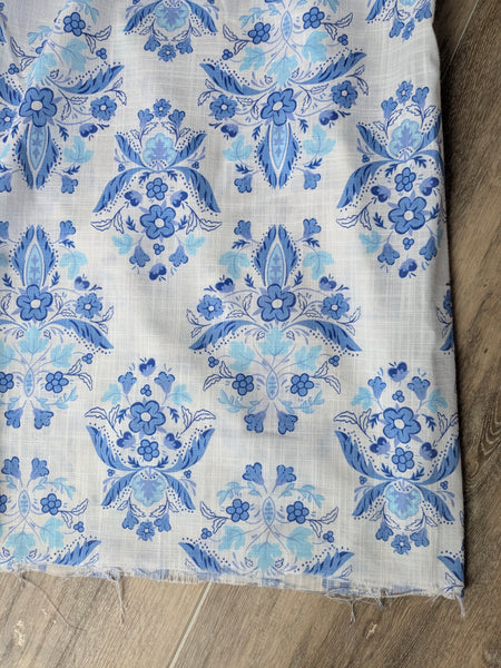 Blue Damask Floral |Linen Cotton Blend  | By the Half Yard