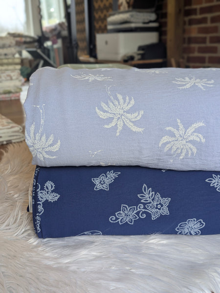 Palm Tree on Soft Blue Embroidery Look |Polyester Air Flow| By the Half Yard