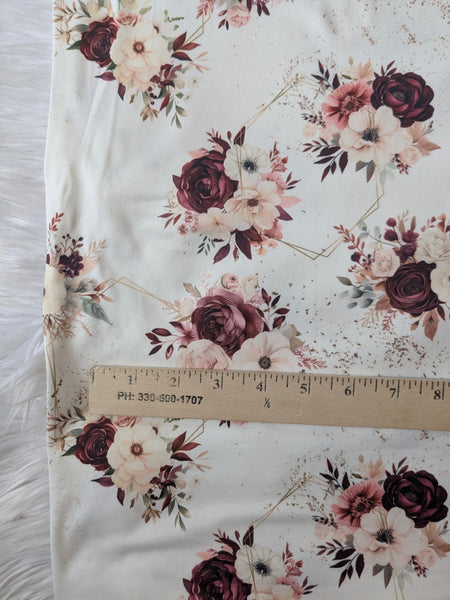 Burgundy Bouquet with Gold Stencil|Double Brushed Poly|By the Half Yard