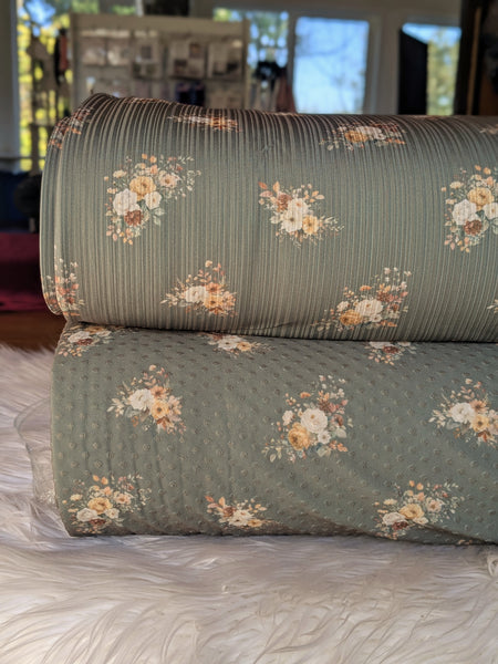 Custom Print | Petite Bouquet on Dusty Green  |Unbrushed Variegated Rib Knit or Swiss Dot|By the Half Yard