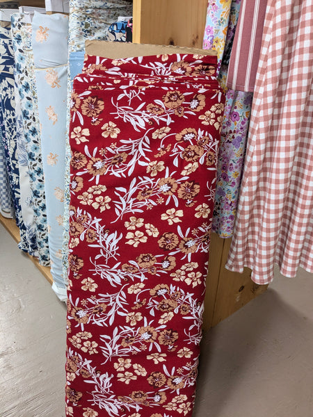 Red with Taupe Floral Rayon Challis | 54/56" wide|By the Half Yard
