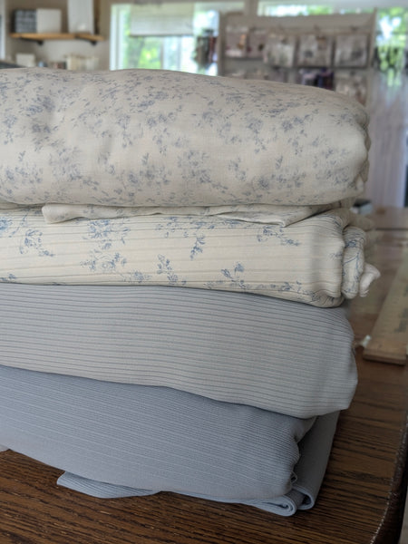 Custom Print |Cottage Blue on Cream | Unbrushed Rib Knit|By the Half Yard