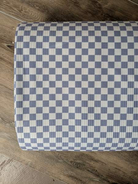 Custom Print | Denim Blue Small Checkers| Unbrushed Rib Knit|By the Half Yard
