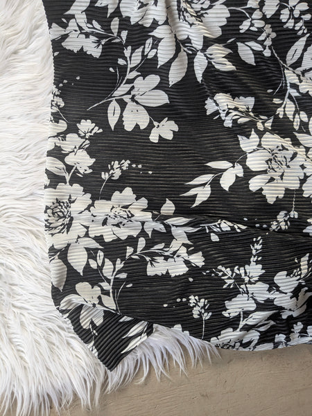 Black With Large Ivory Floral| Pleated Polyester Knit | By the Half Yard