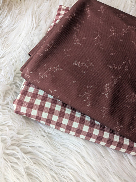 Custom Print | Burgundy Gingham |Unbrushed Variegated Rib Knit|By the Half Yard