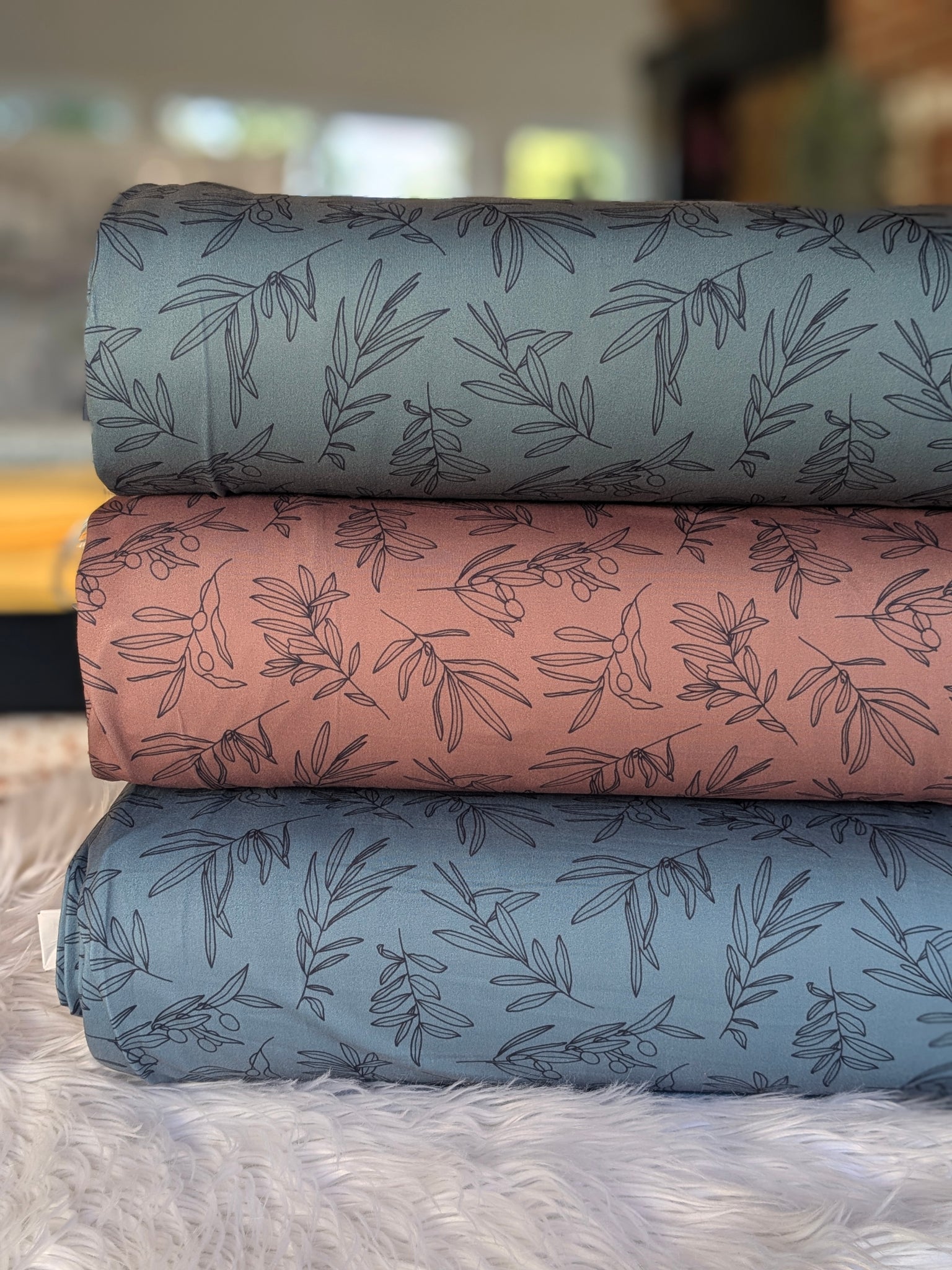 Custom Print|Olive Sprigs| Single Brushed Poly|By the Half Yard
