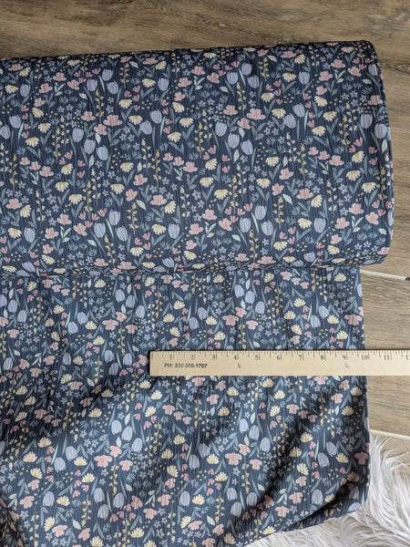 Dainty Tulip Toss on Denim Blue| Pine Skin Polyester| By the Half Yard