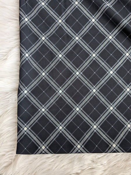 Custom Print| Diagonal Tartan Plaid on Black |Polyester Slub Linen Look| By the Half Yard