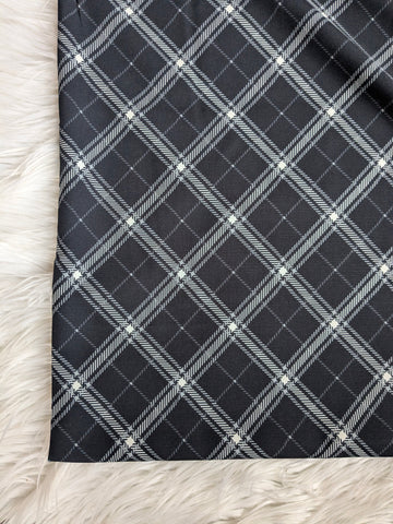 Custom Print| Diagonal Tartan Plaid on Black |Polyester Slub Linen Look| By the Half Yard
