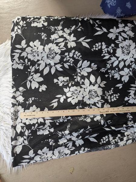 Black With Large Ivory Floral| Pleated Polyester Knit | By the Half Yard