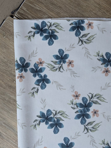 Teal Blue Floral |Mini Rib Knit |By the Half Yard