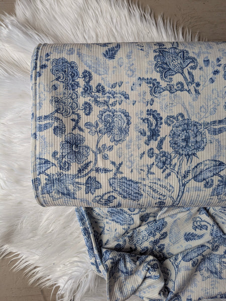 Custom Print | Blue Paisley Silhouette Floral| Unbrushed Rib Knit|By the Half Yard