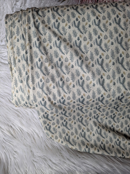 Custom Print |Unbrushed Rib Knit|Evergreen & Gold Stems | By the Half Yard