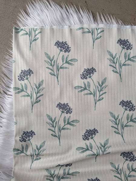 Exclusive Design |Navy Hand drawn  Hydrangeas |Unbrushed Rib Knit|By the Half Yard