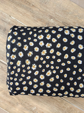 Small Daisies on Black | Yummy Rib Knit|By the Half Yard