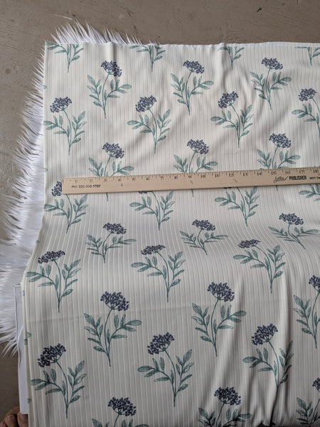 Exclusive Design |Navy Hand drawn  Hydrangeas |Unbrushed Rib Knit|By the Half Yard