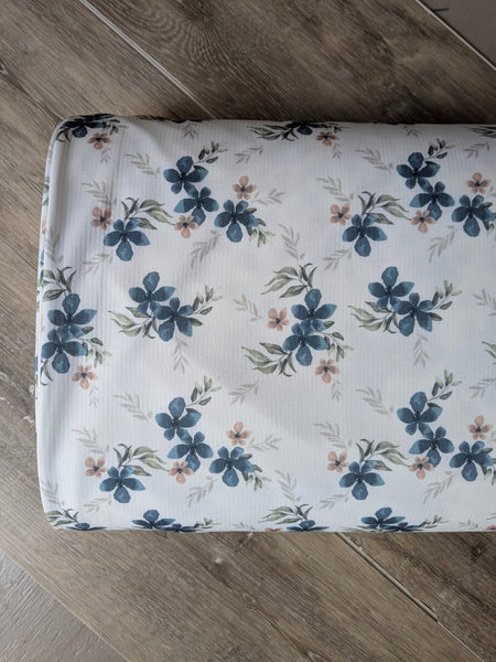 Teal Blue Floral |Mini Rib Knit |By the Half Yard