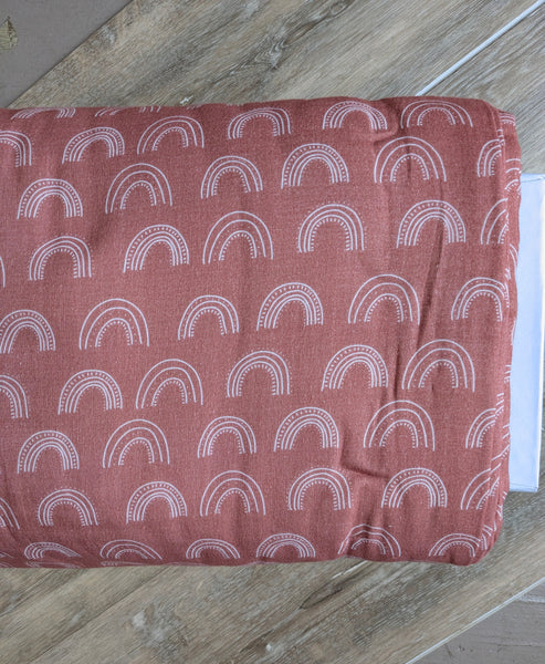Custom Print |Rainbows on Terracotta Printed Double Gauze Cotton| By the Half Yard