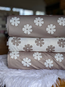 Exclusive Design| Large Daisy on Mocha  |Unbrushed Rib Knit or Athletic Knit|By the Half Yard