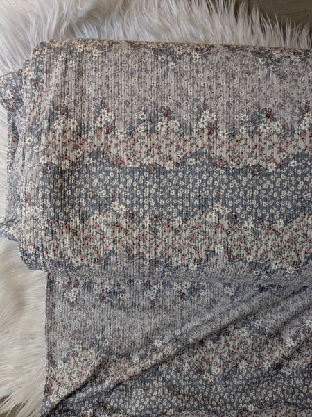 London Floral Toss in Blue|Unbrushed Rib Knit|By the Half Yard