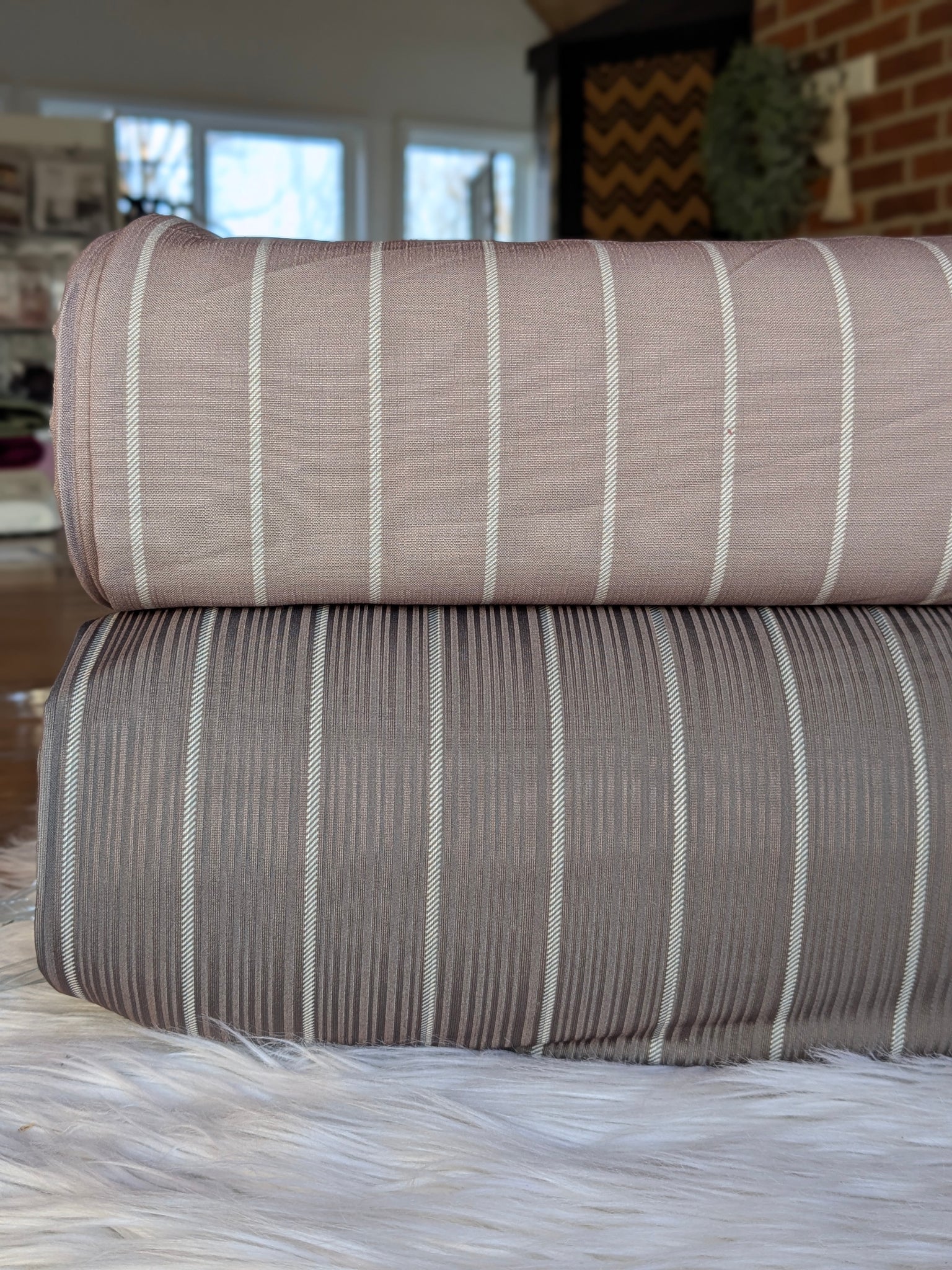 Custom Print |Taupe & Mocha Stripe| Linen Look Poly & Unbrushed Variegated Rib Knit|By the Half Yard