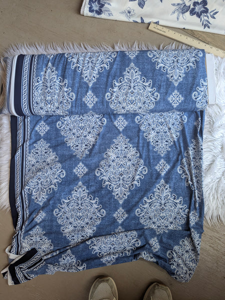Heathered Blue Damask Border DTY w/Embossed Puff| By the Half Yard