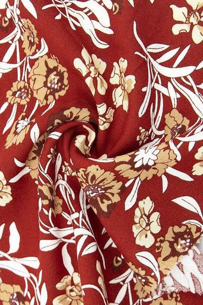 Red with Taupe Floral Rayon Challis | 54/56" wide|By the Half Yard