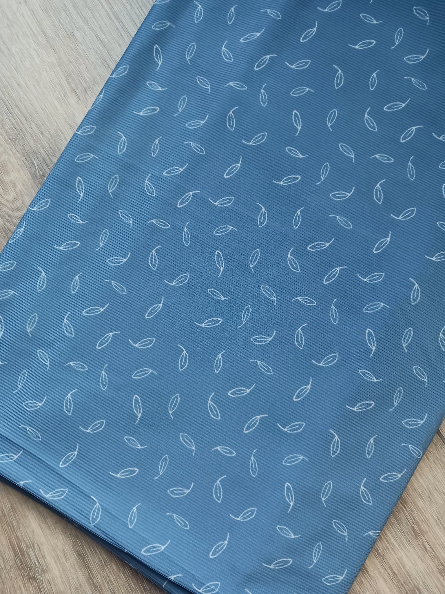 Scattered Leaves on Denim Blue| Petite Poly Rib Knit {DTY like}|By the Half Yard