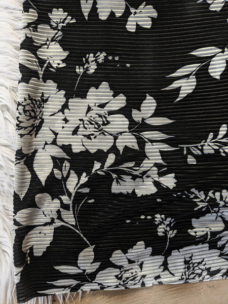 Black With Large Ivory Floral| Pleated Polyester Knit | By the Half Yard