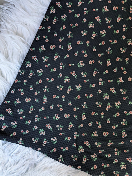 Black Floral  Mini Print | Yummy Rib Knit|By the Half Yard