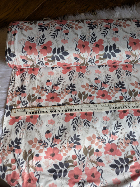 Salmon Floral with Charcoal Leaves|Double Brushed Poly|By the Half Yard