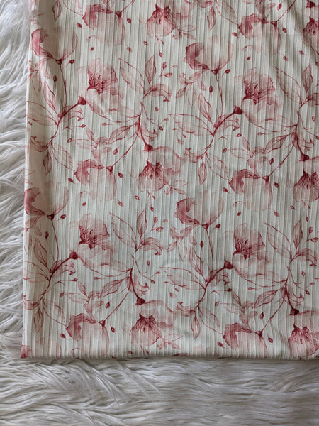Custom Print|Cranberry Floral on Ivory | Wide Yummy Rib Knit|By the Half Yard