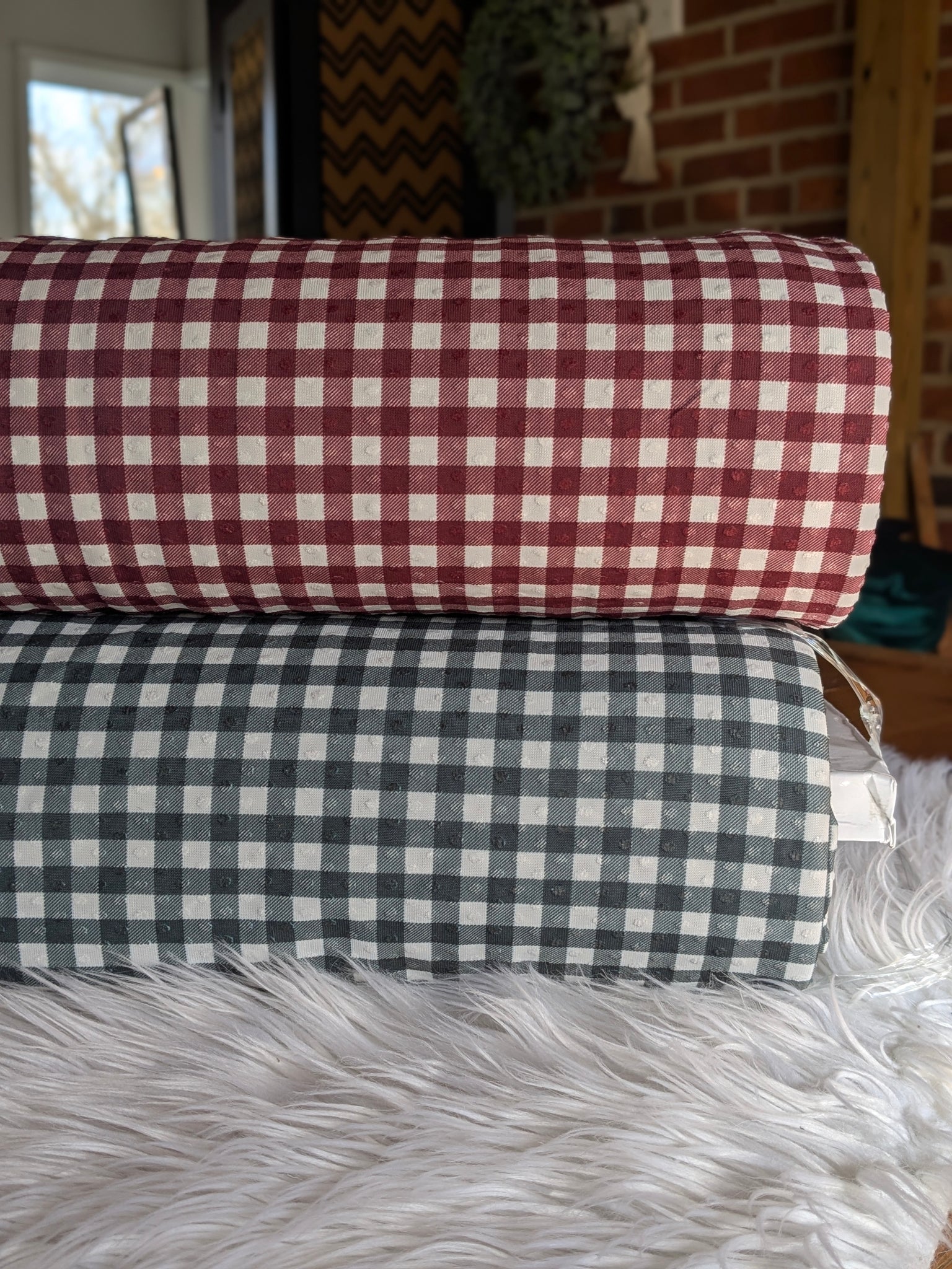 Custom Print |  Evergreen & Burgundy Gingham Swiss Dot Knit |By the Half Yard