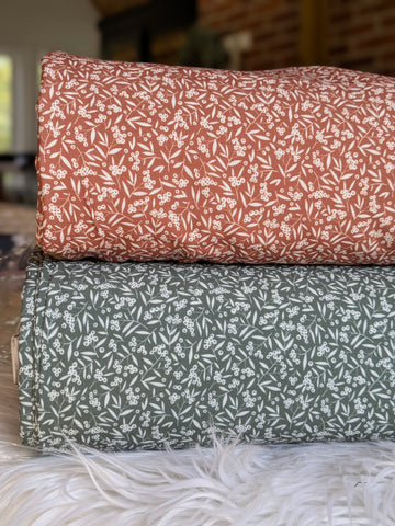 Custom Print|Petite Olive Sprigs | Polyester Slub Linen Look| By the Half Yard