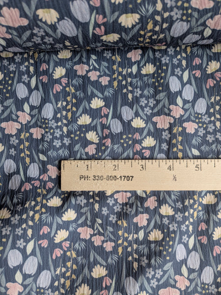 Dainty Tulip Toss on Denim Blue| Pine Skin Polyester| By the Half Yard