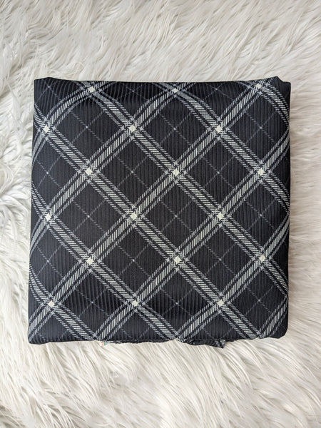 Custom Print |Diagonal Tartan Plaid on Black |Unbrushed Variegated Rib Knit|By the Half Yard