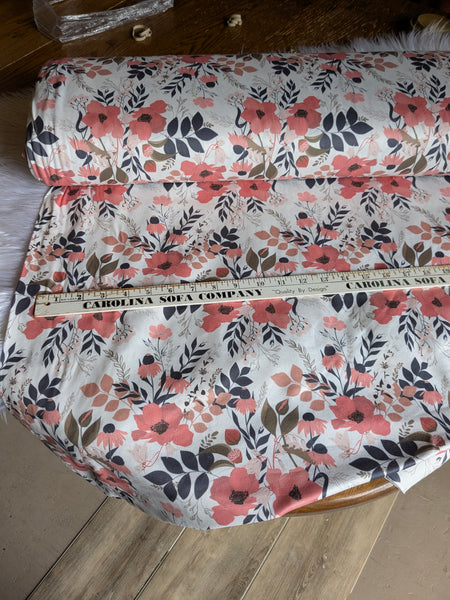 Salmon Floral with Charcoal Leaves|Double Brushed Poly|By the Half Yard