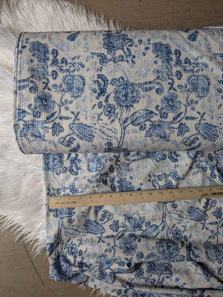 Custom Print | Blue Paisley Silhouette Floral| Unbrushed Rib Knit|By the Half Yard