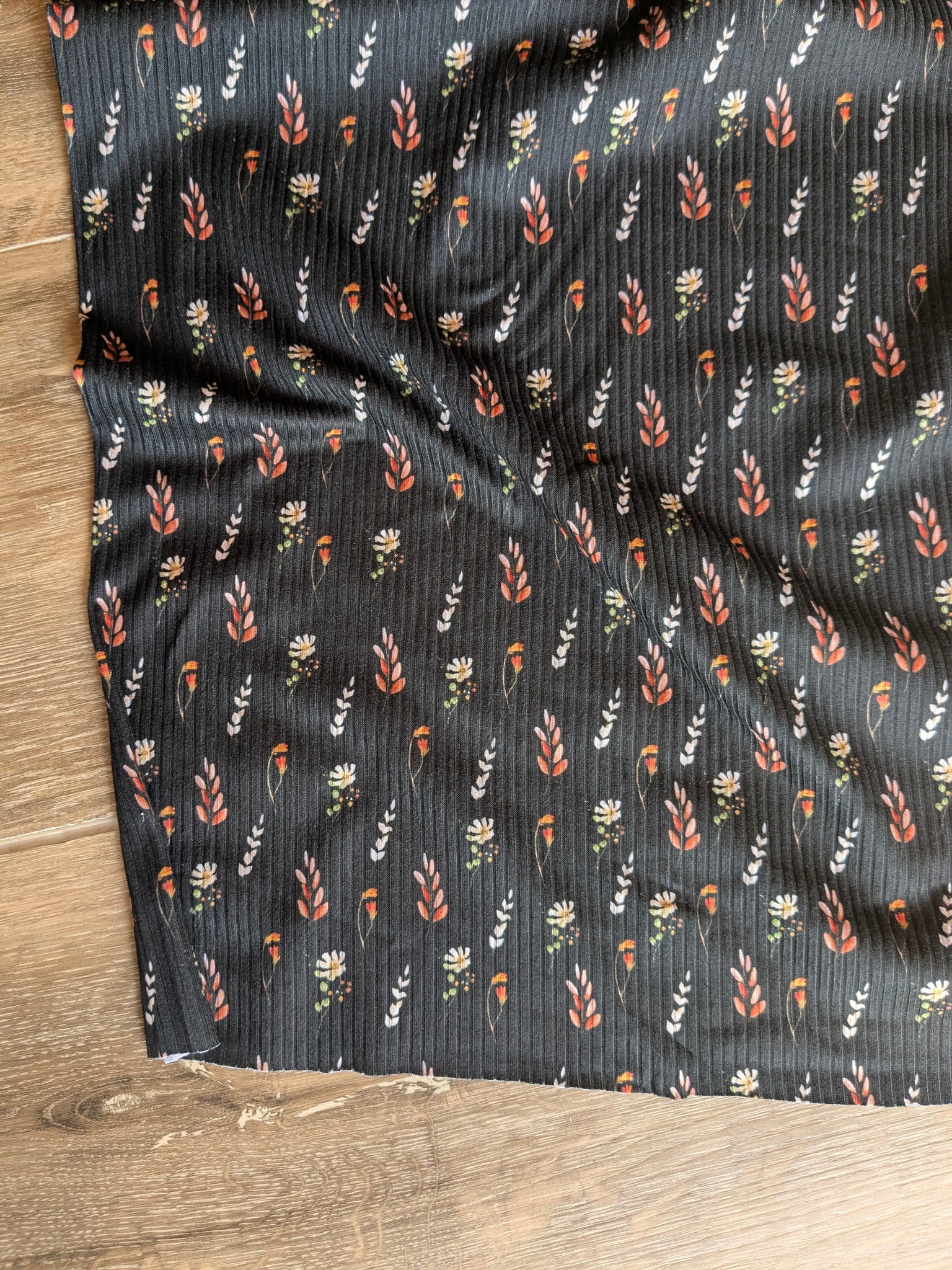 Rust Leafy Print on Black  | Yummy Rib Knit|By the Half Yard