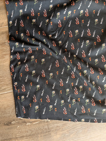 Rust Leafy Print on Black  | Yummy Rib Knit|By the Half Yard