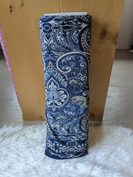 Navy & Taupe Paisley Border DTY | By the Half Yard