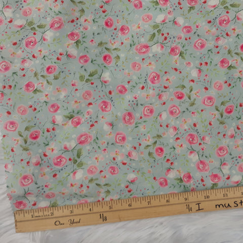 Mini Pink Floral on Seafoam|Poly Twill|By the Half Yard
