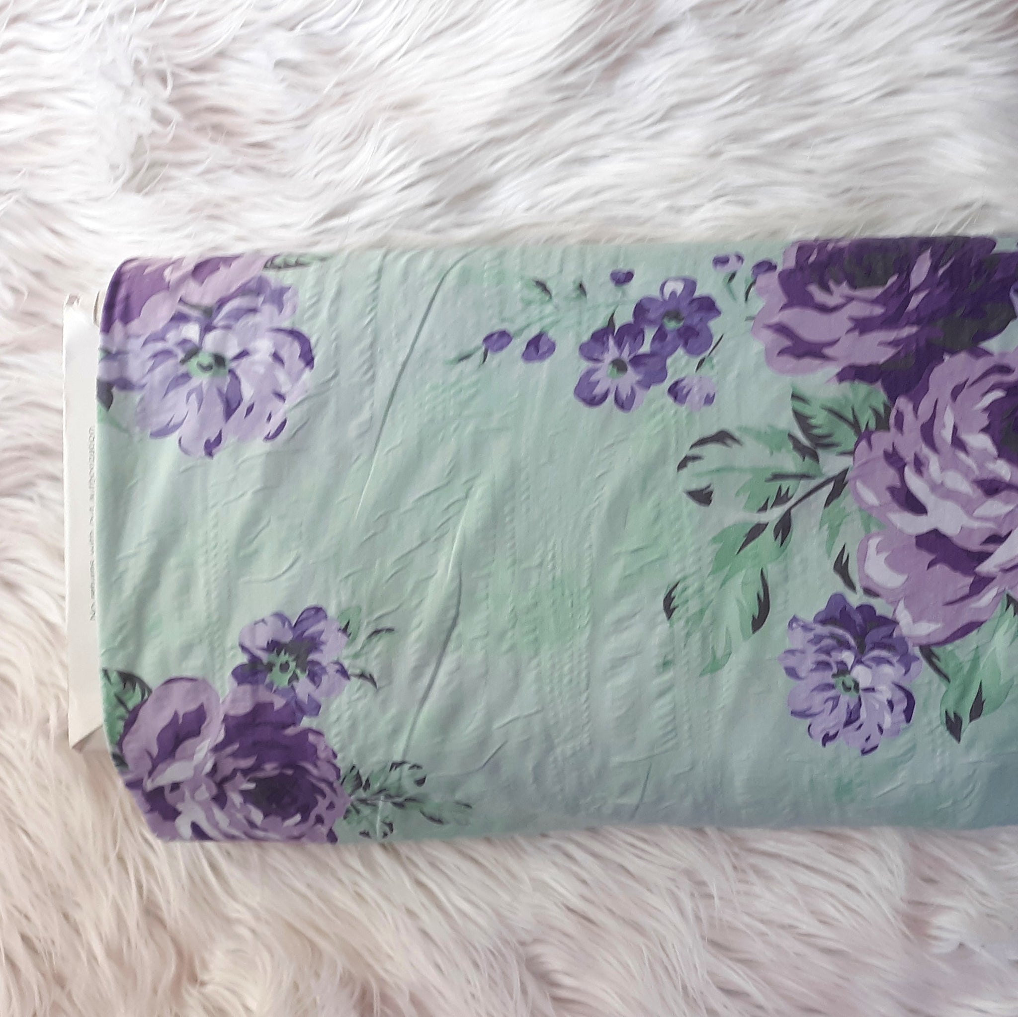 Purple Floral on Mint Poly Cotton Crinkle | By the Half Yard