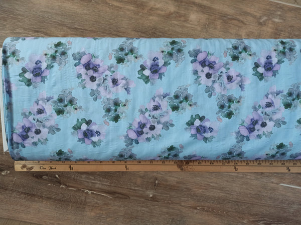 Purple Floral on Light Blue | Poly Cotton Crinkle | By the Half Yard