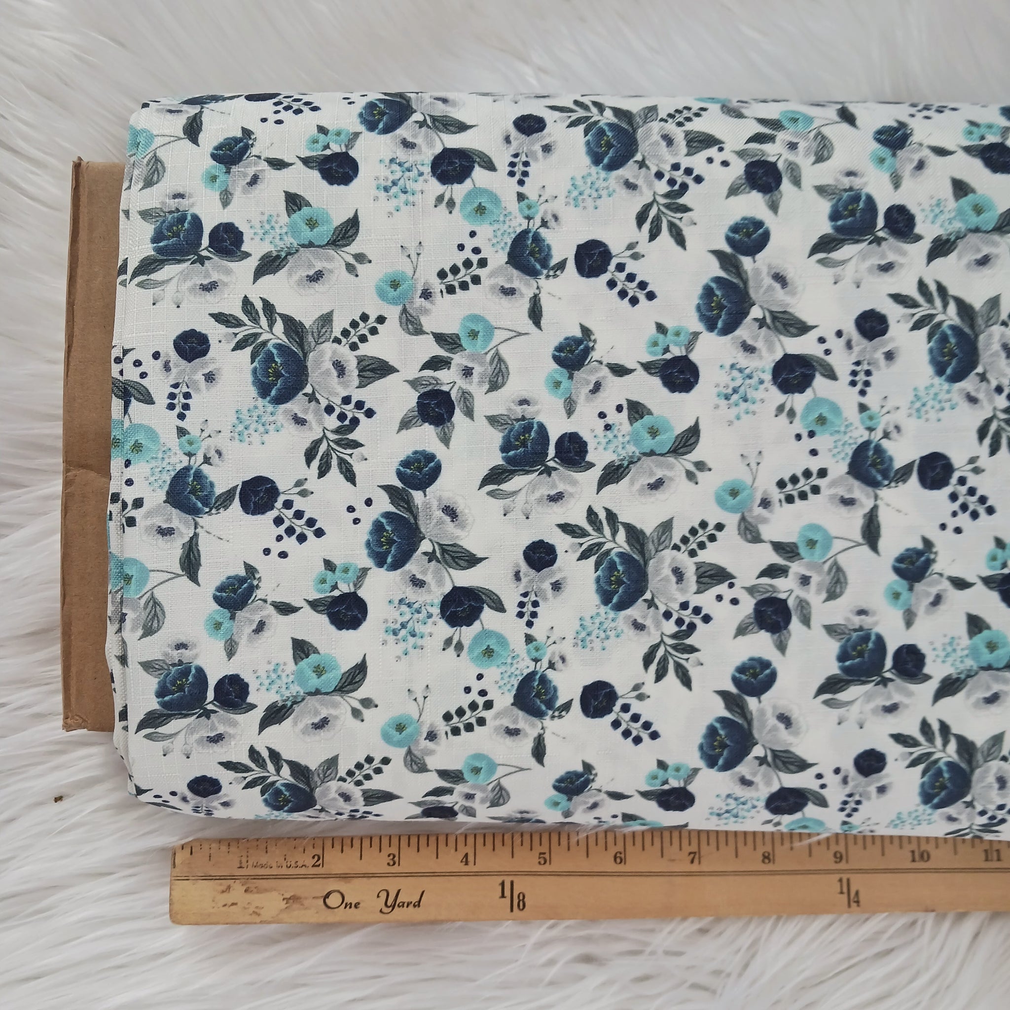Navy & Aqua Linen Look Polyester| By the Half Yard